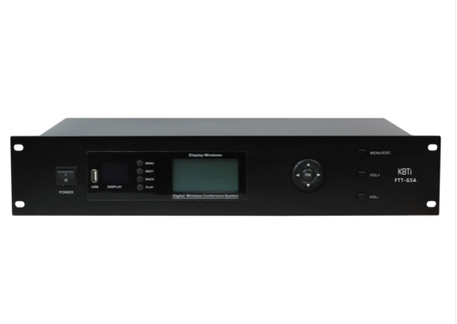 KBTi科博泰.无线会议系统主机 ，型号：FTT-G5A采用红外线实现声音信号的传输，声音保真度高，信比高，无声音延时，使用新型防啸叫单指向高灵敏度拾音头，使声音更加好听。